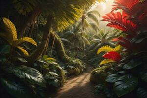 en väg i tropisk regnskog med handflatan träd och väg i de dimma. ai generativ foto