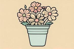 illustration av en blomkruka med rosa och blå blommor på en grå bakgrund. ai generativ foto