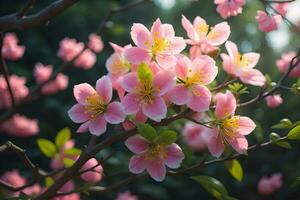 körsbär blomma sakura blomma på blå himmel bakgrund, ai generativ foto