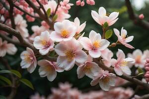 körsbär blomma sakura blomma på blå himmel bakgrund, ai generativ foto