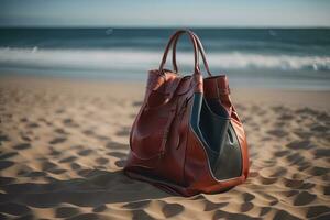 läder handväska på de sand strand. selektiv fokus. ai generativ foto