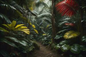 en väg i tropisk regnskog med handflatan träd och väg i de dimma. ai generativ foto