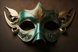 venetian karneval mask med gyllene prydnad på en fast Färg bakgrund. ai generativ foto