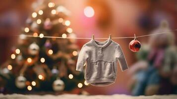 bebis kläder för en nyfödd hängande på en rep med en klädnypa på de bakgrund av de jul träd. upphovsrätt. generativ ai foto