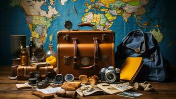 riden trä- tabell, en bärs pass, en välresta ryggsäck, och en årgång resväska, värld Karta, kompass, kamera, ai generativ foto