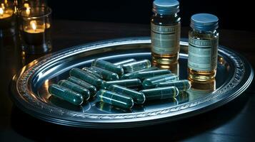 de farmaceutisk drog-medicin piller kapslar i silver- bricka. Begagnade för lindra sjukdom, mat tillägg, topp se foto