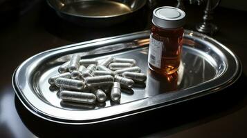 de farmaceutisk drog-medicin piller kapslar i silver- bricka. Begagnade för lindra sjukdom, mat tillägg, topp se, ai generativ foto