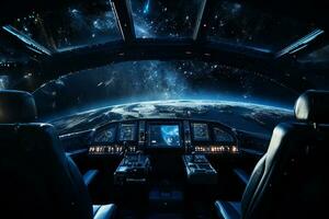trogen cockpit av rymdskepp kontrollera systemet rum med planeter se landskap, yttre Plats, astronaut. planet horisont, ai generativ foto
