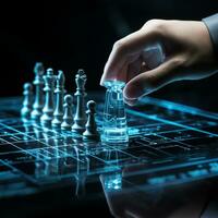 närbild av en spel av schack teknologi design visa företag förvaltning prestanda och finansiell flöden, strategi styrelse spel, problem lösning, ai generativ foto