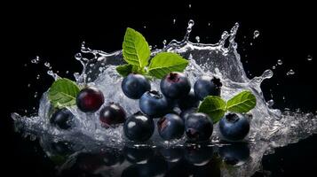färsk saftig blåbär frukt med vatten stänk isolerat på bakgrund, friska frukt, ai generativ foto