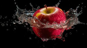 färsk saftig äpple frukt med vatten stänk isolerat på bakgrund, friska frukt, ai generativ foto