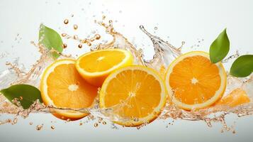 färsk saftig orange frukt med vatten stänk isolerat på bakgrund, friska frukt, ai generativ foto