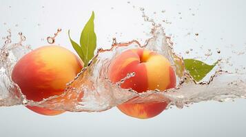 färsk saftig persika frukt med vatten stänk isolerat på bakgrund, friska frukt, ai generativ foto
