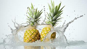 färsk saftig ananas frukt med vatten stänk isolerat på bakgrund, friska tropisk frukt, ai generativ foto
