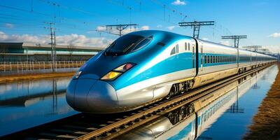 hög hastighet järnväg tåg resa, snabb modern transport, trogen teknologi begrepp, ai generativ foto