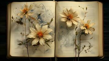 skön blomma på öppen bok, lugn poesi begrepp, platt lägga, ai genererad foto