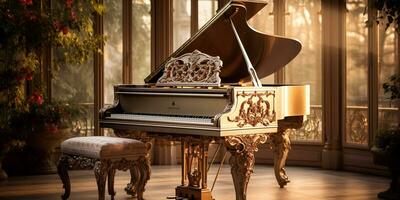stänga upp av ett elegant stor piano med värma solljus, lyx, romantisk landskap, musik instrument, ai generativ foto