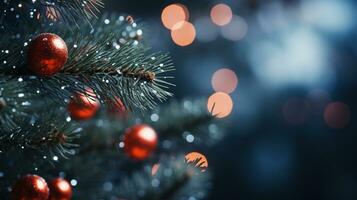 stänga upp av upplyst jul träd prydnad, vinter- högtider dekoration, kopia Plats, hälsning kort, ai generativ foto