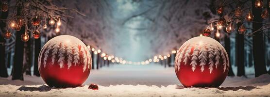 jul prydnad på skön vinter- landskap, xmas boll, kopia Plats, ai generativ foto