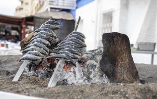 spettar av sardiner prickade över grillad jord på den spanska kusten foto