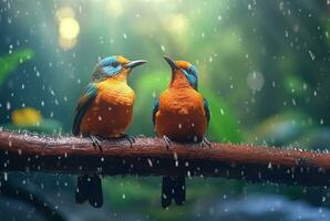 en par av skön fåglar i de skog med regndroppar och natur suddig bakgrund. generativ ai foto
