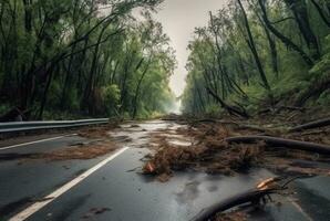 se av ett asfalt väg i de mitten av en skog med träd kollaps på grund av till en naturlig katastrof. generativ ai foto