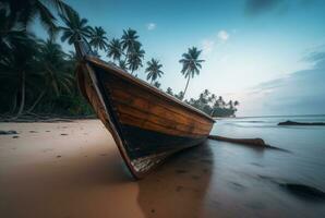trä- båt på de skön strand med kokos träd. generativ ai foto