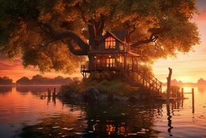 se av träd hus på sjö med solnedgång skönhet. generativ ai foto