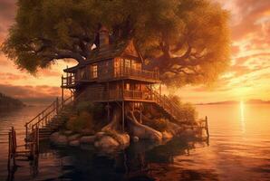 se av träd hus på sjö med solnedgång skönhet. generativ ai foto