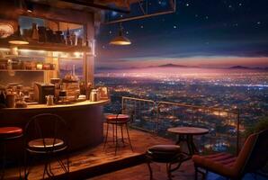 en kaffe affär på en kulle med visningar av urban lampor på natt. generativ ai foto