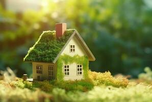 eco vänlig hus i mossa i de trädgård. miniatyr- trä- hus i vår gräs. hus i solig gräs. generativ ai foto