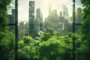 grön stad, dubbel exponering av frodig grön skog och modern skyskrapor fönster. generativ ai foto