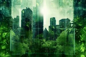 grön stad, dubbel exponering av frodig grön skog och modern skyskrapor fönster. generativ ai foto