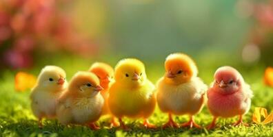 en grupp av söt kycklingar i en grön gräs trädgård med suddig Sol ljus bakgrund. generativ ai foto