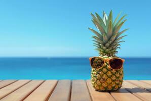 sommar begrepp söt ananas frukt med glasögon på trä- tabell med strand bakgrund och klar blå himmel. generativ ai foto