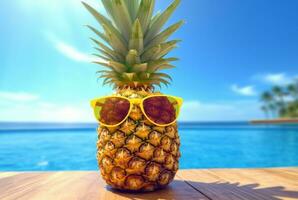 sommar begrepp söt ananas frukt med glasögon på trä- tabell med strand bakgrund och klar blå himmel. generativ ai foto