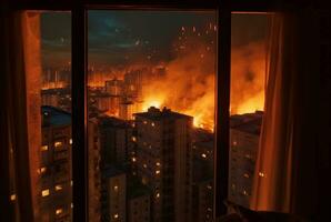 stad bränder sett från hotell rum fönster. generativ ai foto