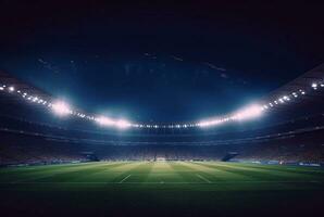 stadion i lampor på natt. skinande lampor, se från fält. generativ ai foto