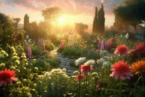 blomma trädgård med skön soluppgång i de morgon. generativ ai foto
