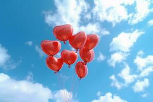 röd kärlek ballonger i de luft mot en blå himmel. generativ ai foto