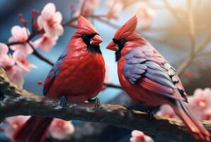 romantisk koppling av cardinas fåglar på en gren. generativ ai foto
