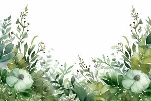 sömlös vattenfärg blommig gräns med grön löv på vit bakgrund. generativ ai foto