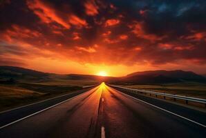 se av asfalt väg med skön solnedgång i de kväll. generativ ai foto