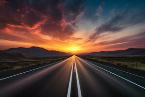 se av asfalt väg med skön solnedgång i de kväll. generativ ai foto