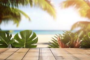 trä- tabell med tropisk löv och suddig bakgrund av strand och Sol ljus. redo för produkt visa. generativ ai foto
