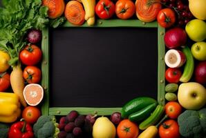 topp se av tömma ram mitt i färsk grönsaker och frukter. generativ ai foto