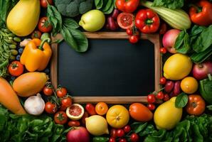 topp se av tömma ram mitt i färsk grönsaker och frukter. generativ ai foto