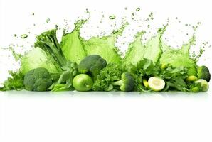 färsk grön grönsaker med vatten stänk isolerat på vit bakgrund. generativ ai foto