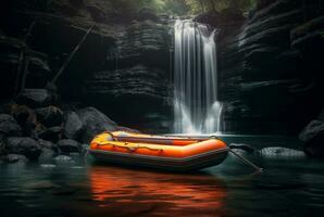 sudd båt under de mild strömma av en vattenfall. lång exponering. generativ ai foto