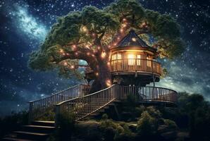 träd hus med en skön se av de himmel på natt. generativ ai foto